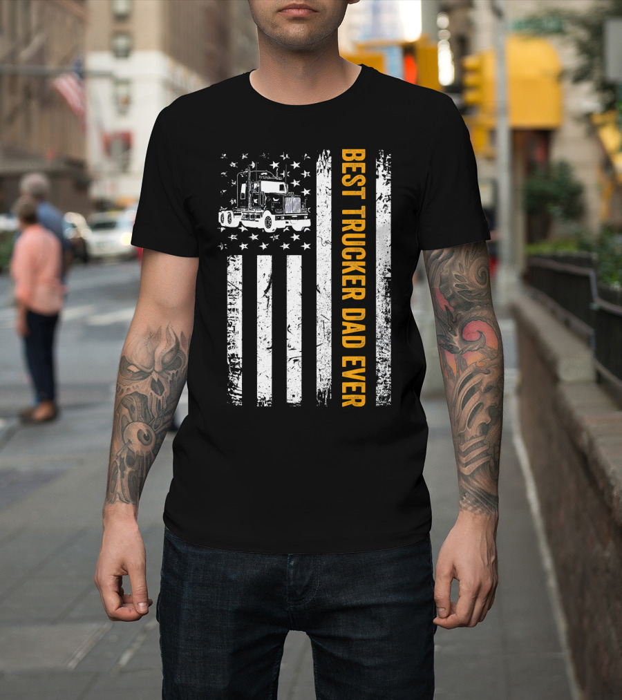 Vintage USA Flag Best Trucker Dad Ever Americ T-Shirt