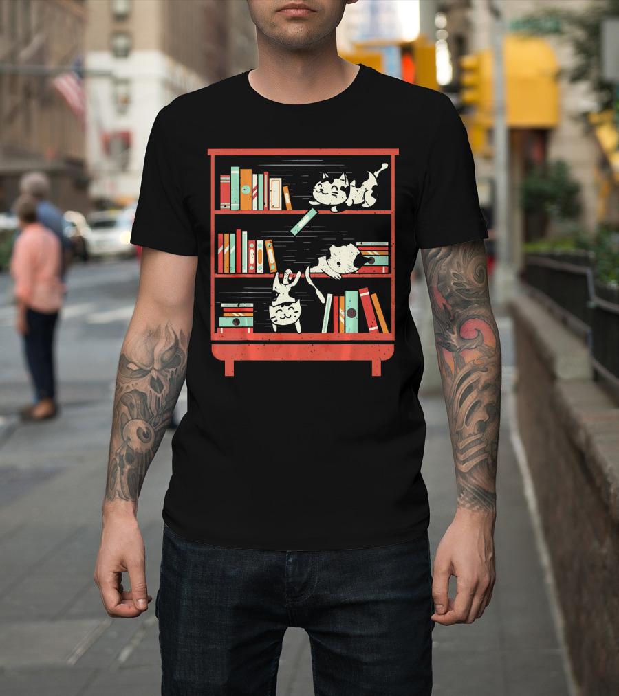 Cats Playing Among Bookshelves for Library and Book Lovers T-Shirt