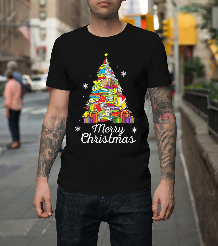 Merry Christmas Books Christmas Tree with Snowflakes and Gifts T-Shirt