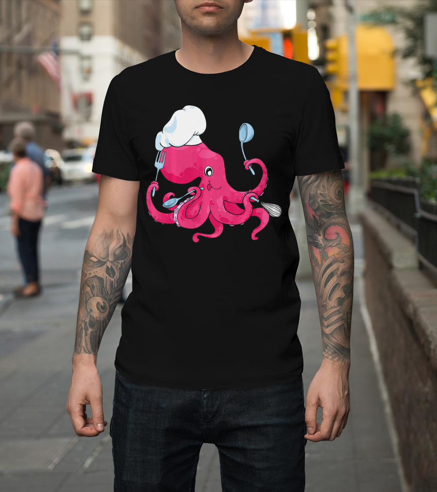 Master Chef Octopus with Hat Holding Cooking Utensils T-Shirt