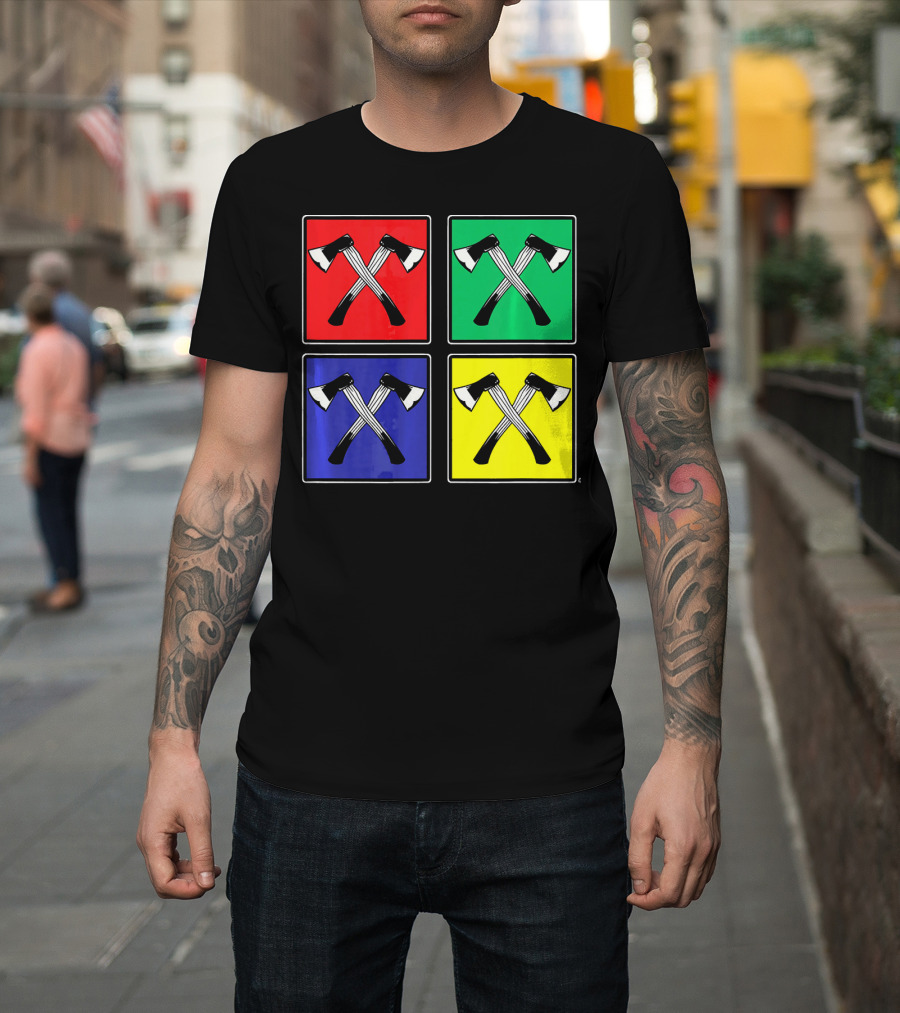 Retro Pop Art Lumberjack Axes Four Square Colors T-Shirt