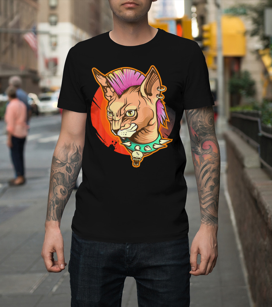 Punk Rock Mohawk Sphynx Cat Skull Collar T-Shirt