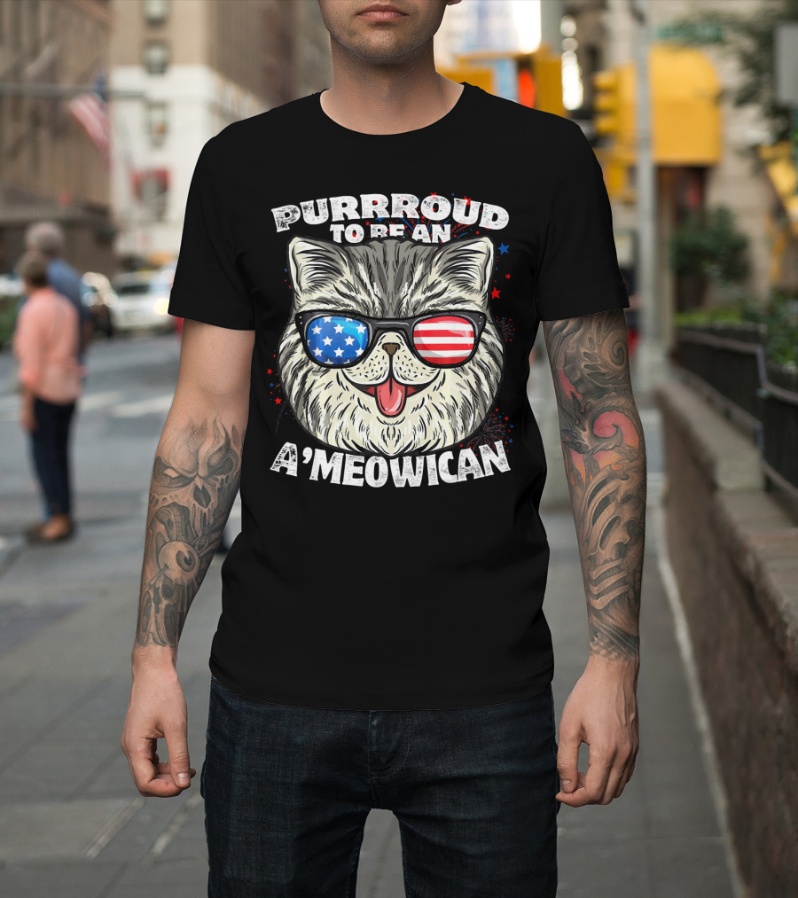 Purrrroud to Be an A'Meowican with Patriotic Sunglasses T-Shirt