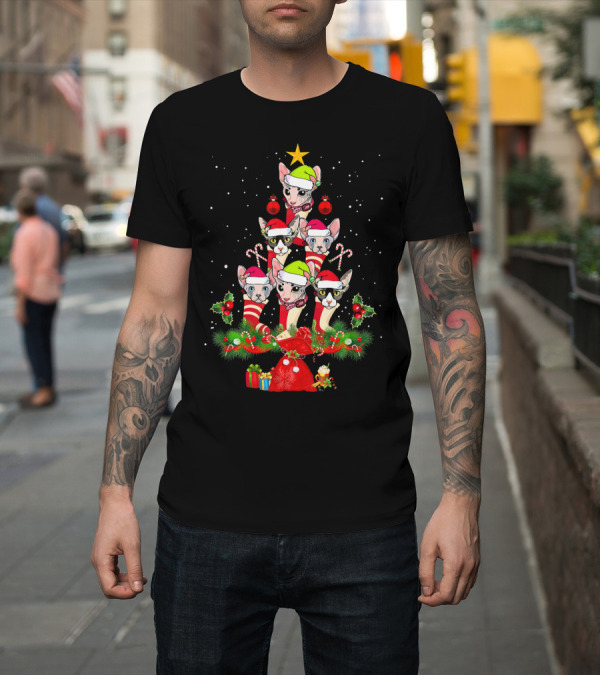 Shirt: Sphynx Cats in Santa Hats Christmas Tree Festive Merry T-Shirt Sphynx Cats in Santa Hats Christmas Tree Festive Merry T-Shirt