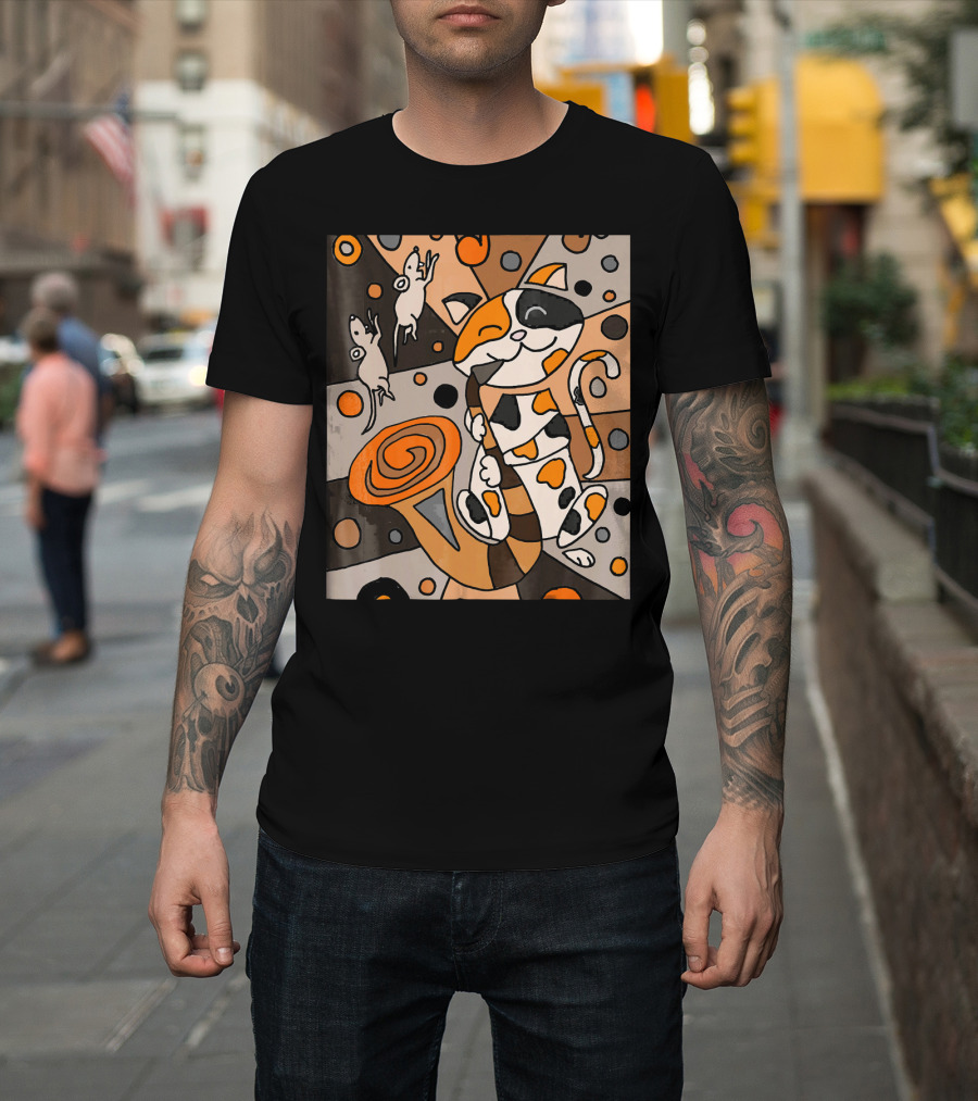Smiletodaytees Calico Cat Playing Saxophone Surreal Geometric T-Shirt