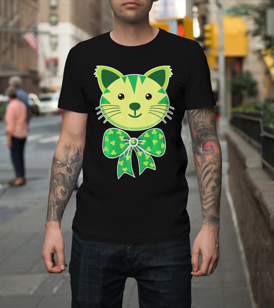 Kitten Bow Tie with Shamrocks as Cute St Patricks T-Shirt