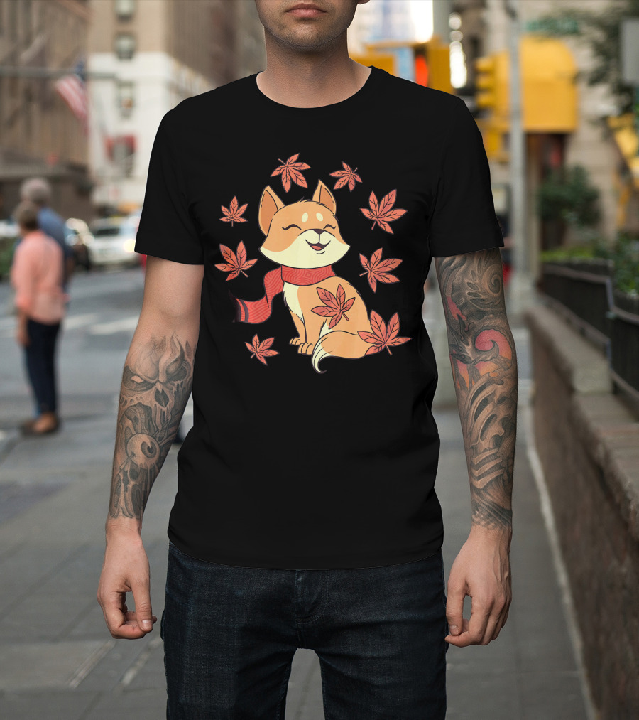 Fall Cat with Scarf Surrounded by Autumn Leaves Kitten Lover T-Shirt