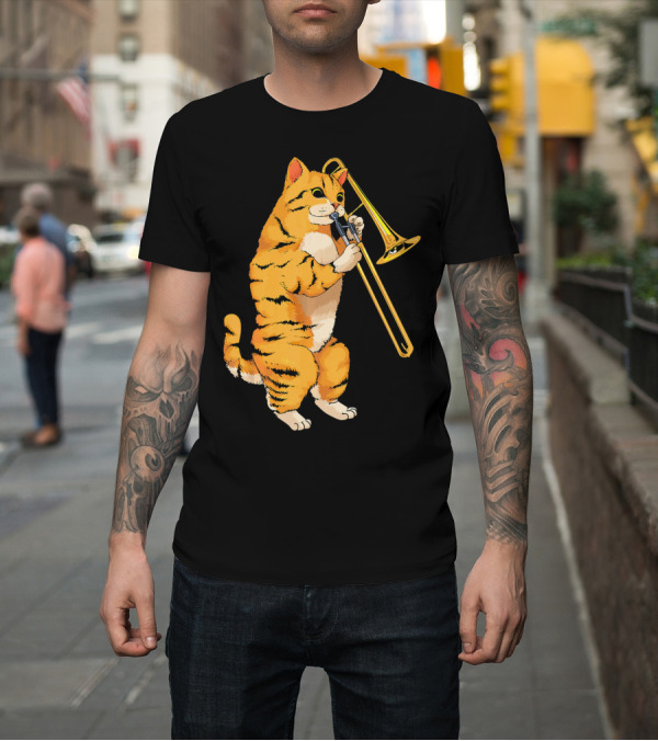 Shirt: Cat Playing Trombone Funny Cool Tiger Stripes T-Shirt Cat Playing Trombone Funny Cool Tiger Stripes T-Shirt