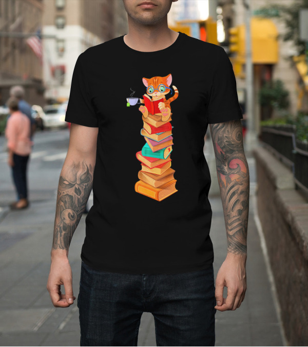 Shirt: Kitten Cat Reading with Tea on a Stack of Books T-Shirt Kitten Cat Reading with Tea on a Stack of Books T-Shirt
