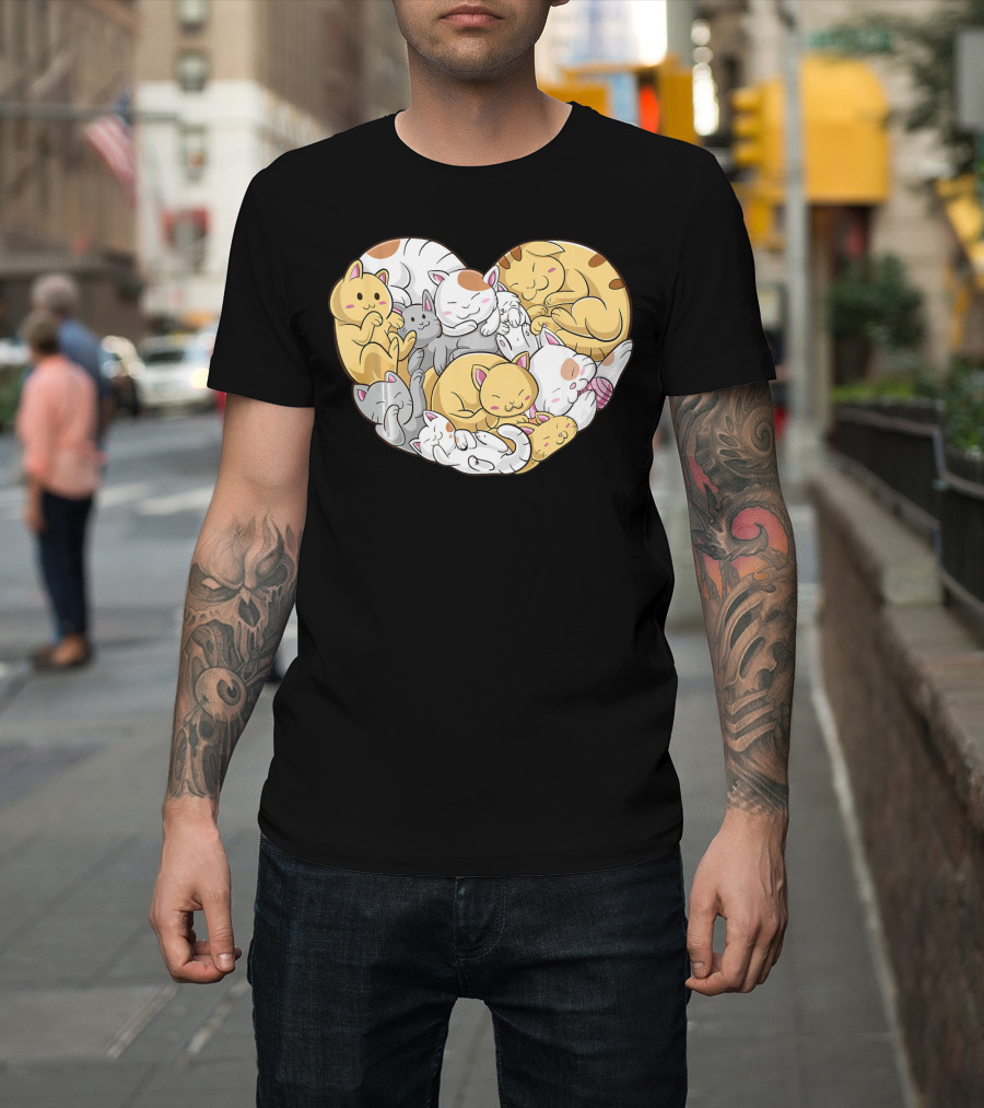 Cats Couple Heart Shape Kawaii Kitten Cute Sleepy Cat Family T-Shirt