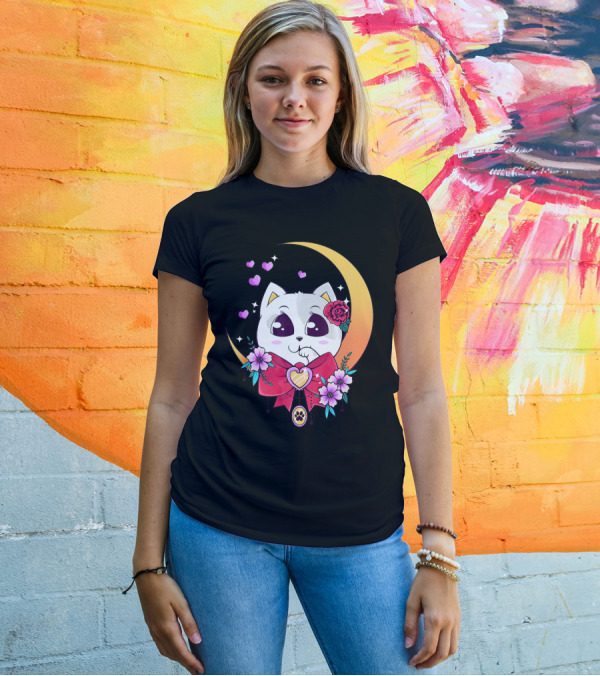Kawaii Cat Cute Japanese Anime Manga Kit Moon Hearts Flowers Red Bow T-Shirt
