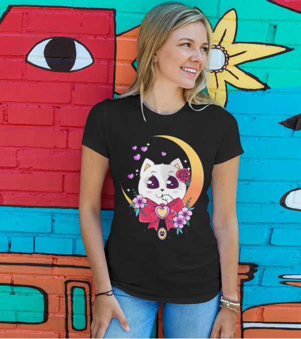 Kawaii Cat Cute Japanese Anime Manga Kit Moon Hearts Flowers Red Bow T-Shirt