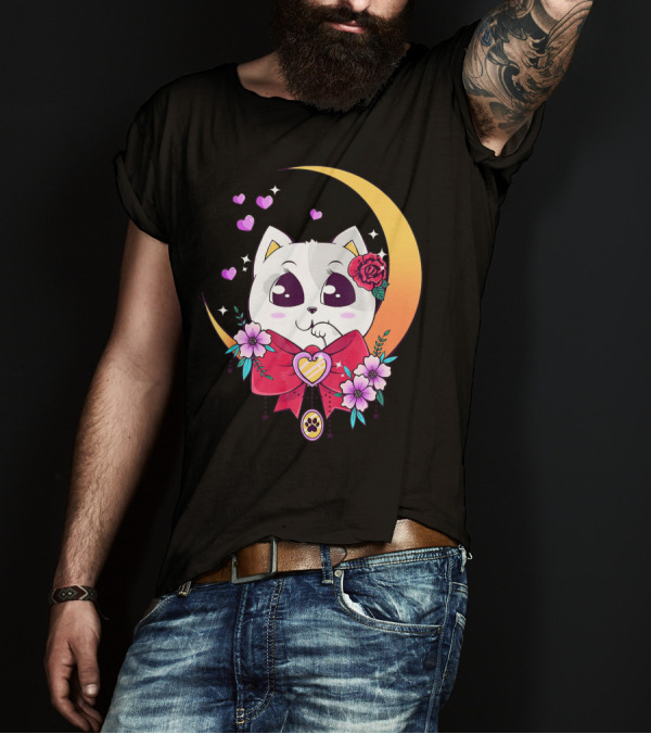 Kawaii Cat Cute Japanese Anime Manga Kit Moon Hearts Flowers Red Bow T-Shirt