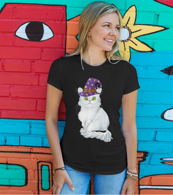 Maine Coon Witch Cat With Purple Wizard Hat And Stars T-Shirt