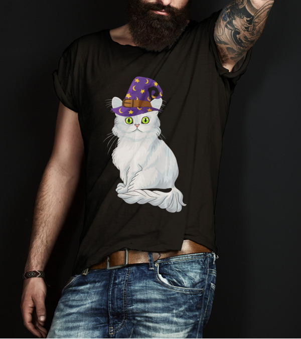 Maine Coon Witch Cat With Purple Wizard Hat And Stars T-Shirt