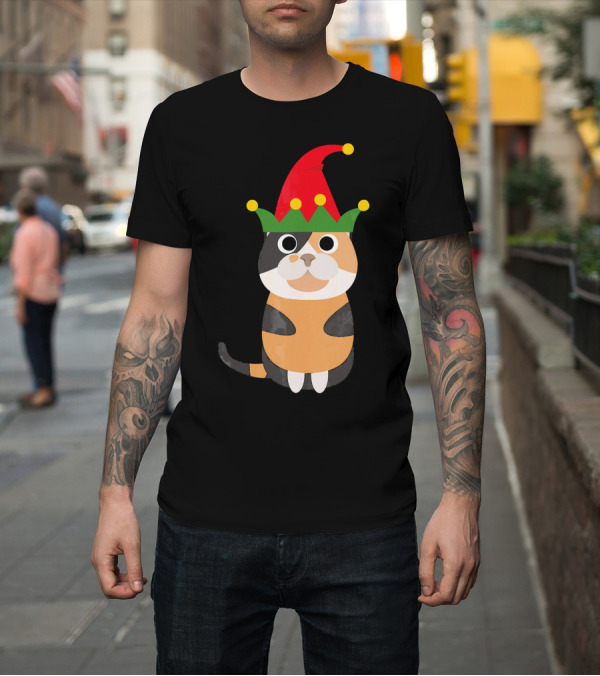 Shirt: Funny UglyChristmas Calico Cat with Elf Hat T-Shirt Funny UglyChristmas Calico Cat with Elf Hat T-Shirt