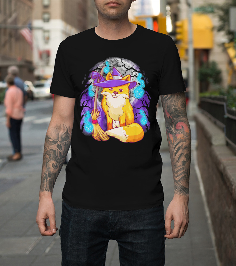 Cute Fox Witch with Broomstick and Moon Halloween Scene T-Shirt