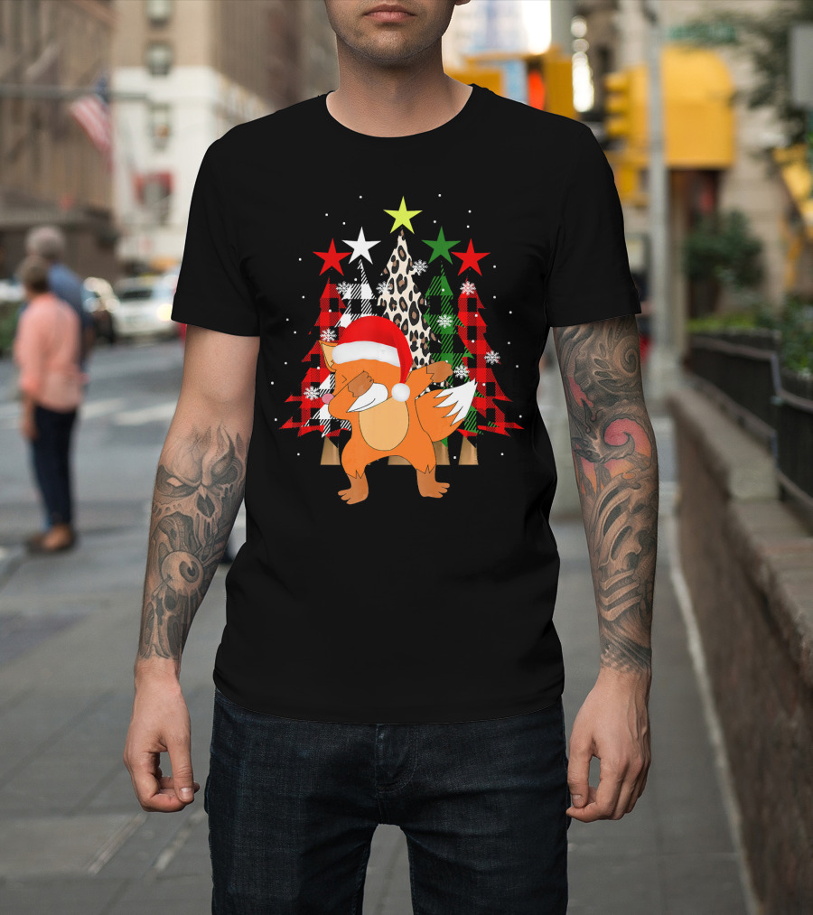 Christmas Dabbing Fox with Santa Hat and Festive Trees T-Shirt