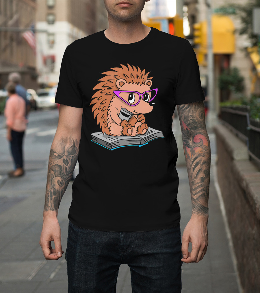 Cute Hedgehog Book Nerd with Glasses on Open Book T-Shirt