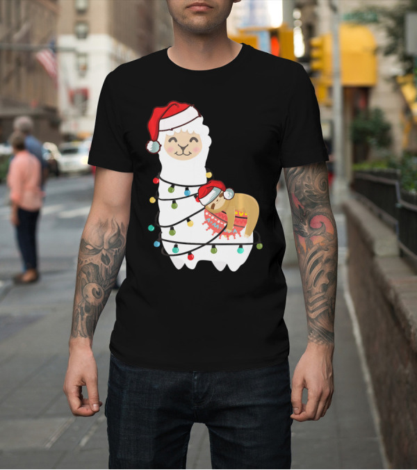 Shirt: Cute Sloth Sleeping on Llama Alpaca with Christmas Lights and Santa Hats T-Shirt Cute Sloth Sleeping on Llama Alpaca with Christmas Lights and Santa Hats T-Shirt