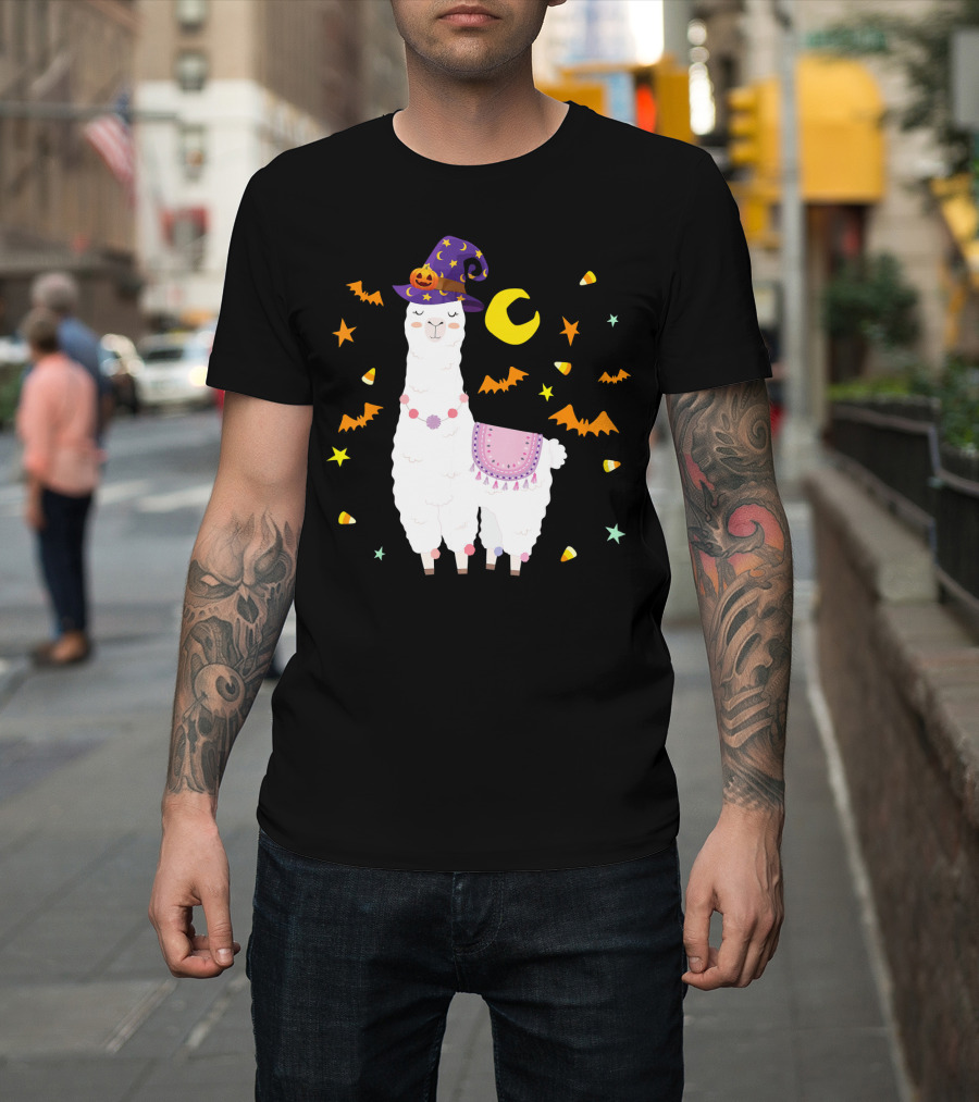 Llama Alpaca Halloween Witch Costume with Stars and Bats T-Shirt