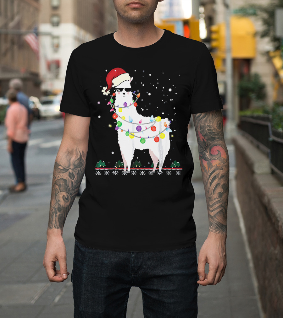 Llama Santa Hat Ugly Xmas Tree Alpaca Lights T-Shirt