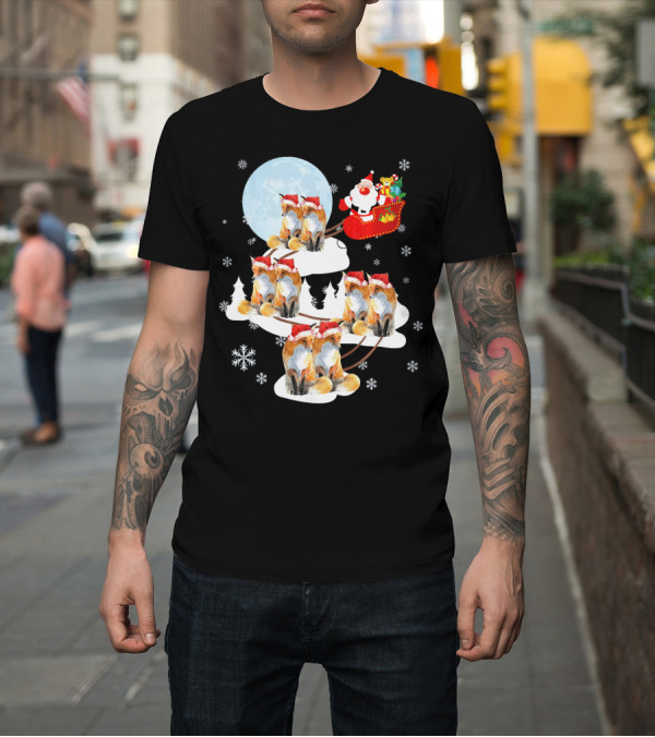 Shirt: Santa on Sleigh Pulled by Foxes in Christmas Night Scene T-Shirt Santa on Sleigh Pulled by Foxes in Christmas Night Scene T-Shirt