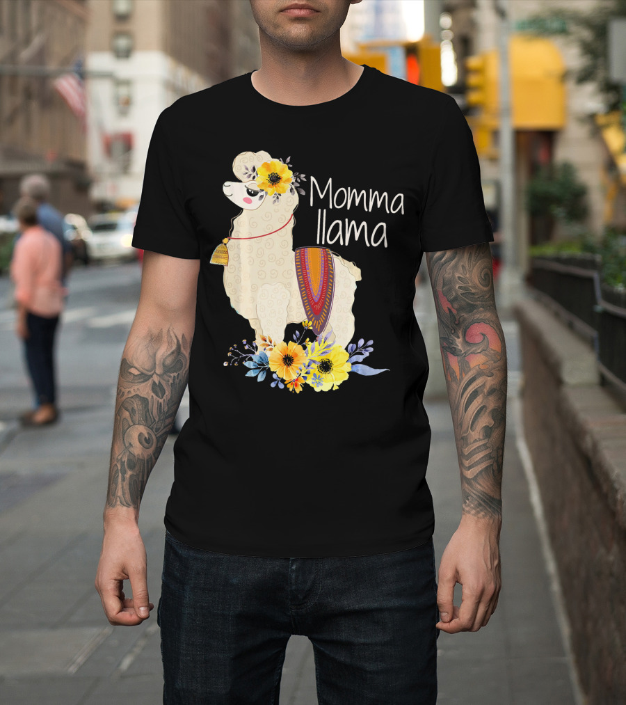 Momma Llama with Colorful Flowers and Ornate Blanket T-Shirt