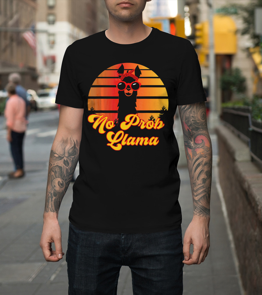No Prob Llama Retro Cute Funny Llama with Sunset and Sunglasses T-Shirt