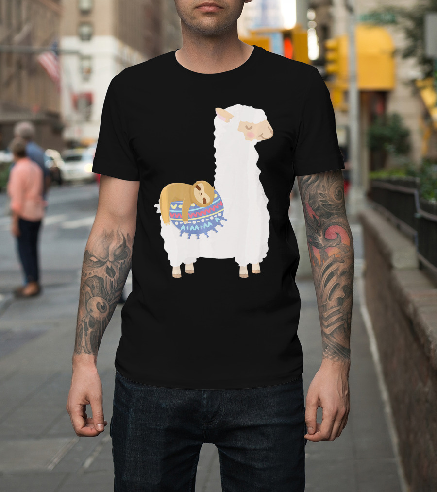 Sloth Sleeping on Colorful Blanket on White Llama Alpaca T-Shirt
