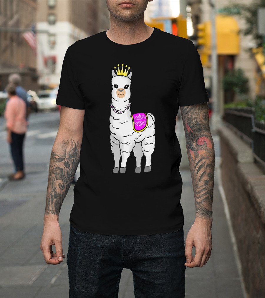 White Llama Alpaca Princess with Crown and Pearls T-Shirt