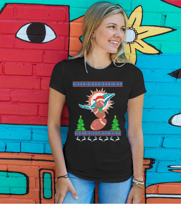 Miami Dolphins Christmas Football Reindeer T-Shirt