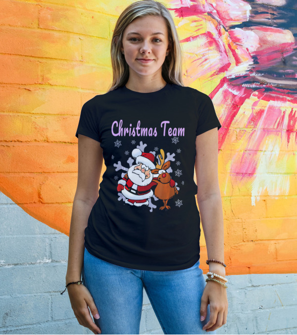 Christmas Team Cute Cartoon Santa And Reindeer Snowflakes T-Shirt