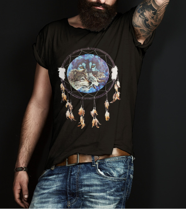 Dream Catcher Wolves Under Moonlit Sky T-Shirt
