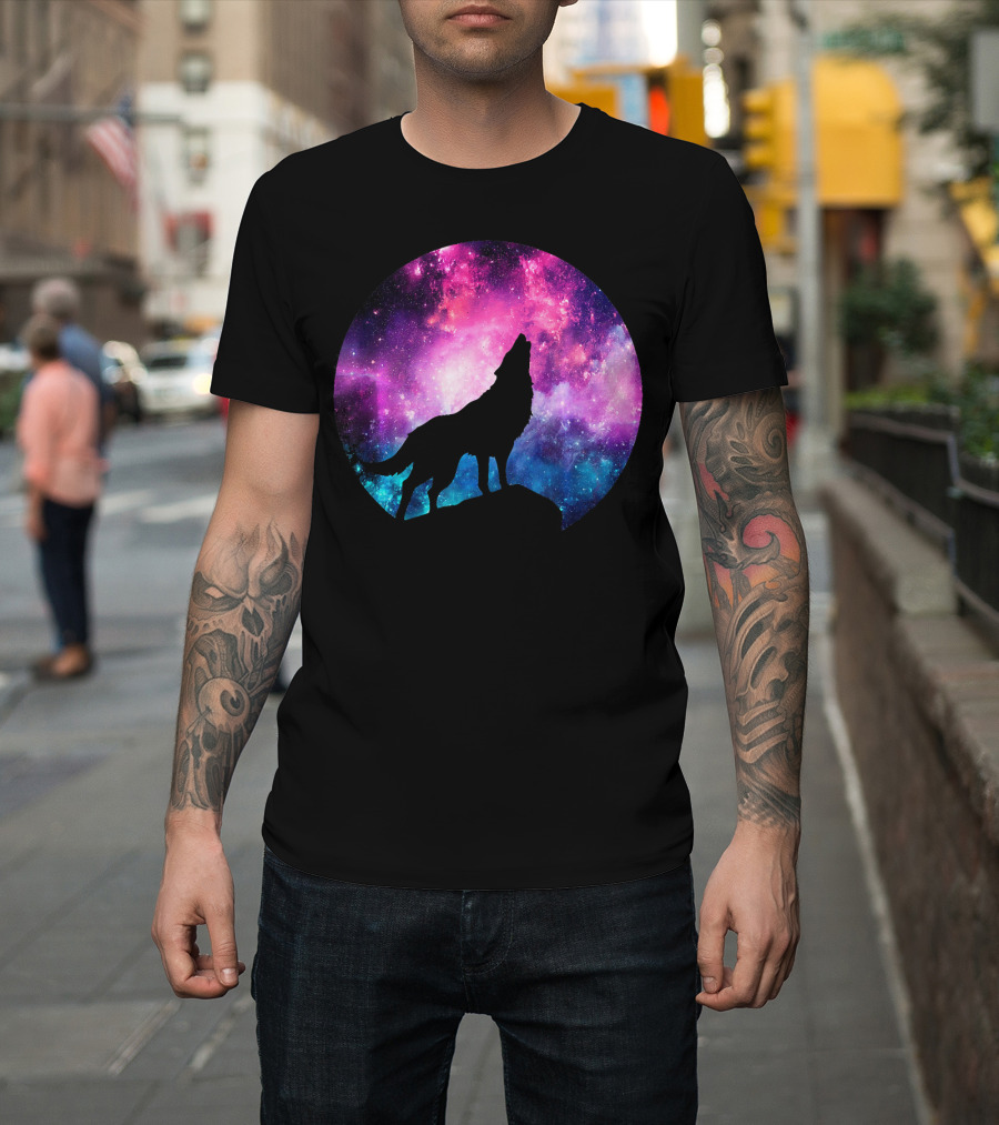Howling Wolf in Vibrant Galaxy Moon T-Shirt