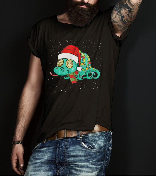 Funny Iguana Christmas Santa Hat With Bright Festive Lights T-Shirt
