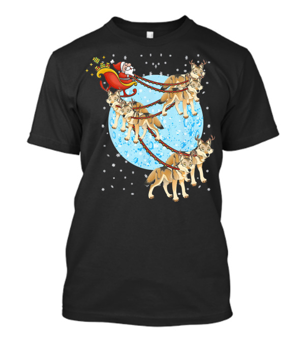 Santa Claus In Sleigh Pulled By Wolves With Reindeer Antlers T-Shirt