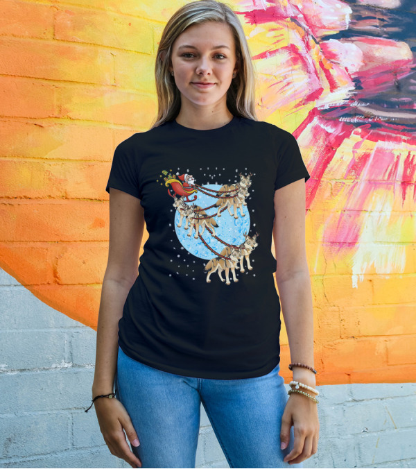 Santa Claus In Sleigh Pulled By Wolves With Reindeer Antlers T-Shirt