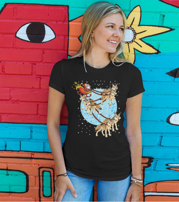 Santa Claus In Sleigh Pulled By Wolves With Reindeer Antlers T-Shirt