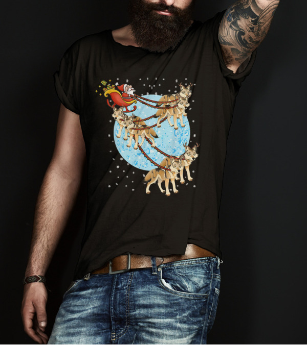 Santa Claus In Sleigh Pulled By Wolves With Reindeer Antlers T-Shirt