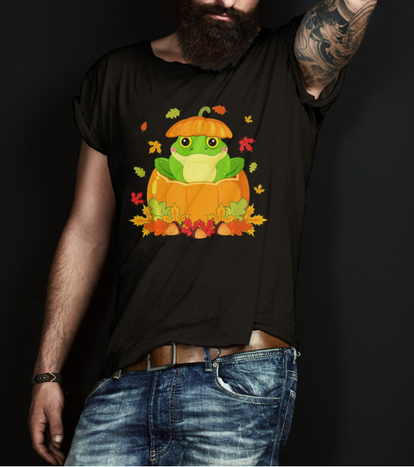 Thanksgiving Cute Frog In Pumpkin With Autumn Leaves T-Shirt