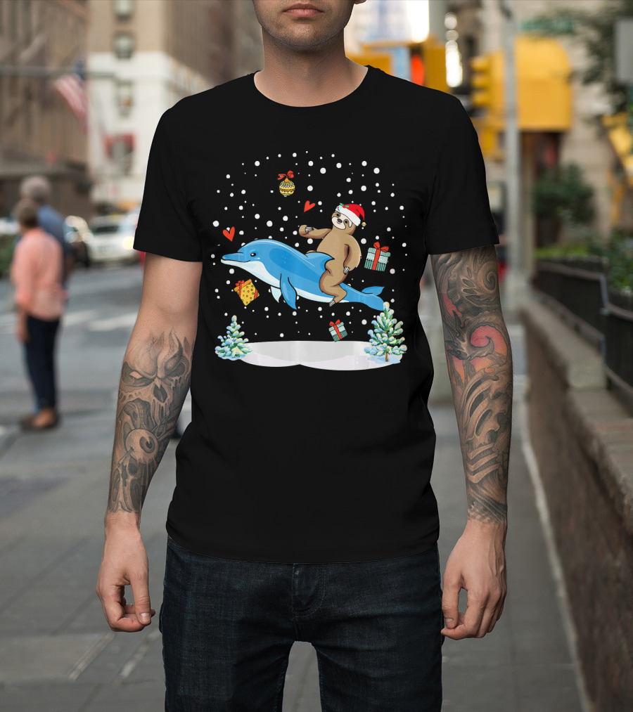 Santa Sloth Riding Dolphin Christmas Gifts and Snowflakes Holiday Scene T-Shirt