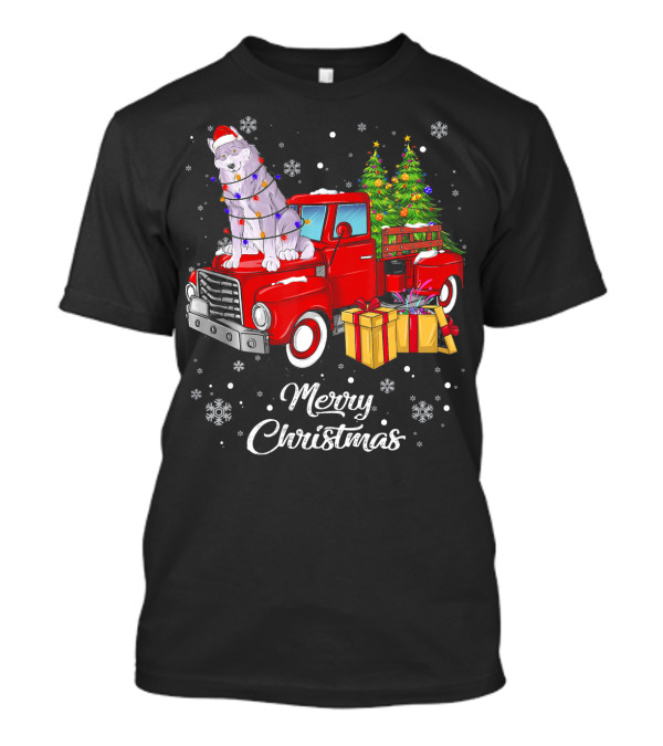 Wolf In Santa Hat With Christmas Lights On Red Truck Merry Christmas Snowflakes Tree Gifts T-Shirt