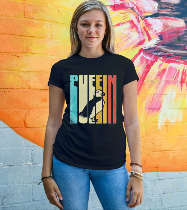 Retro Style Puffin Vertical Color Stripes T-Shirt