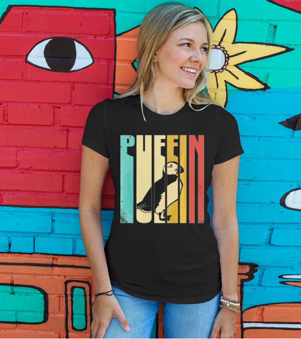 Retro Style Puffin Vertical Color Stripes T-Shirt
