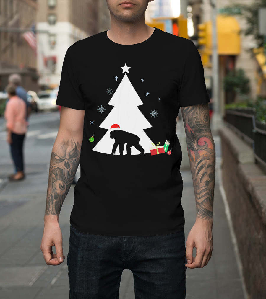 Chimpanzee in Santa Hat with Christmas Tree and Gifts T-Shirt