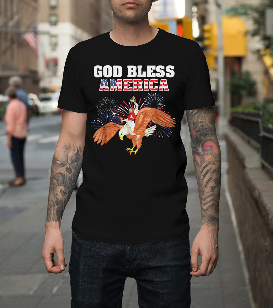 God Bless America Jesus Riding Eagle Fireworks T-Shirt