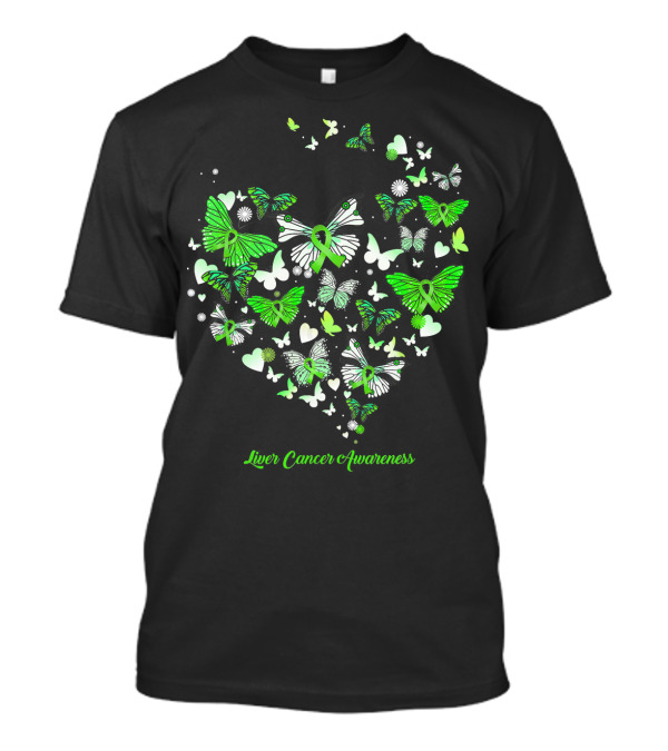 Liver Cancer Awareness Green Ribbon Butterfly Heart T-Shirt