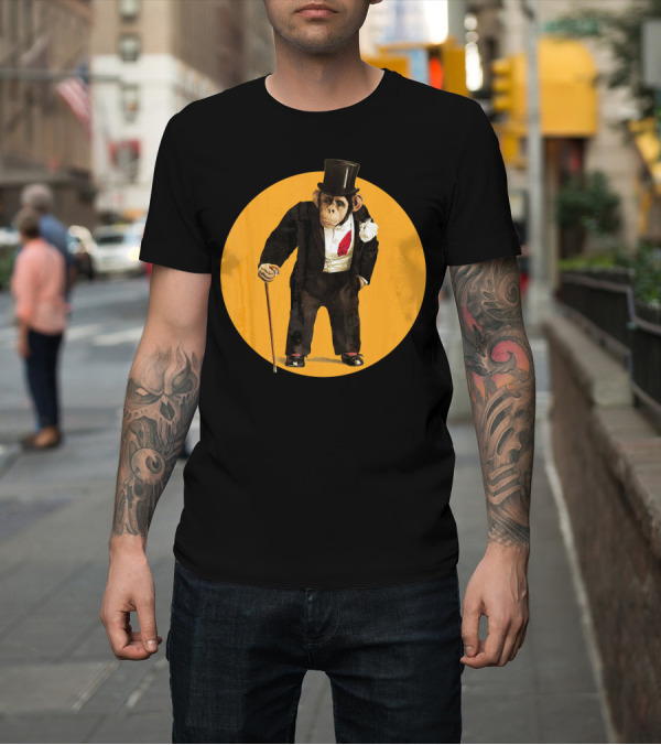 Shirt: Chimpanzee in Top Hat and Suit with Cane Against Yellow Circle T-Shirt Chimpanzee in Top Hat and Suit with Cane Against Yellow Circle T-Shirt