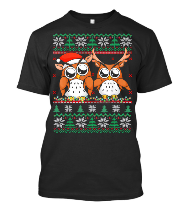 Cute Owl Christmas Lights Santa Reindeer Ugly T-Shirt